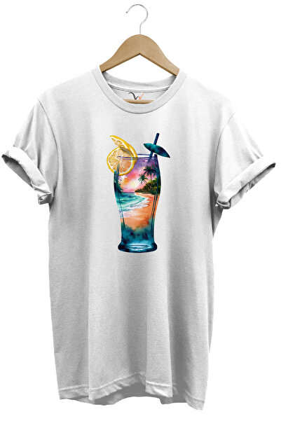 WİDİ Καλοκαιρινό και κοκτέιλ μπλουζάκι με στάμπα από 100% βαμβάκι Unisex Regu...