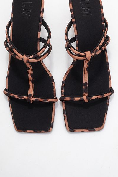 LuviShoes Mocha Black Yellow Patterned Square Toe Thin Strap Women's Heeled Slippers