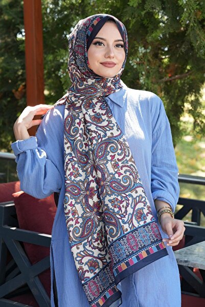 AFVENTE Μαλακό βαμβακερό σάλι Ethnic Pattern Navy Blue