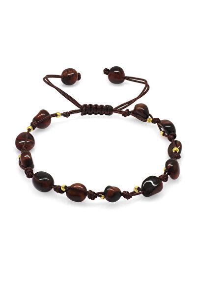 Tesbihane Macrame Braided Natural Cut Dorica Ball Detailed Dark Color Tiger Eye Natural Stone Women's Bracelet