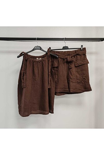 Luisido بدلة كتان إيطالية بنية اللون بدون أكمام مع شورت