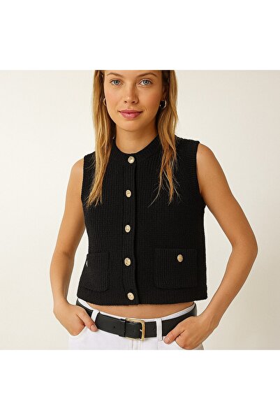 DEMİRBEY TEKSTİL Women's Black Stylish Buttoned Pocket Knitwear Vest