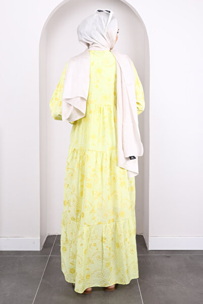 İmajButik Yellow Patterned Half Button Sleeve Elastic Dress
