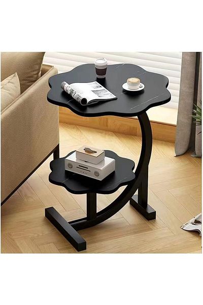 rexa 2-Tier Flower-Shaped Side Table with Faux Marble & Black Base