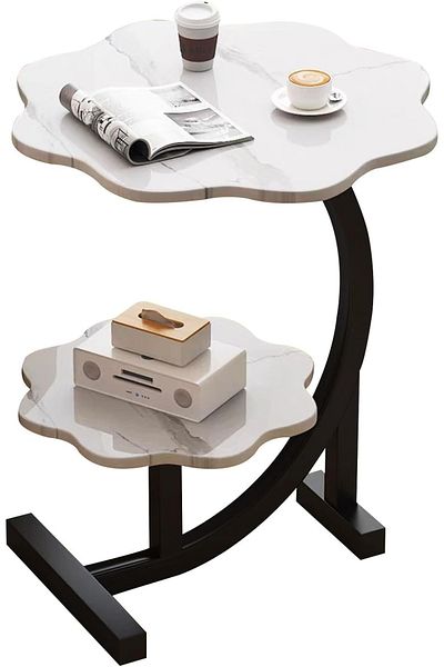 rexa 2-Tier Flower-Shaped Side Table with Faux Marble & Black Base