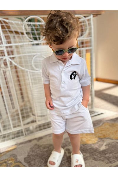 GÖKJOY BUTİK Premium Quality Polo Collar Embroidery Detail Cotton Fabric Boy's Shorts Suit