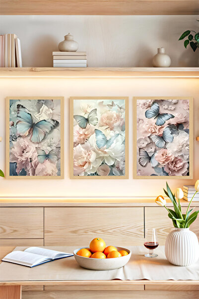 kutuTR 🦋 Kelebek ve Çiçek Temalı Çerçeve Görünümlü 3'lü Tablo Seti🌟 CRVS1117