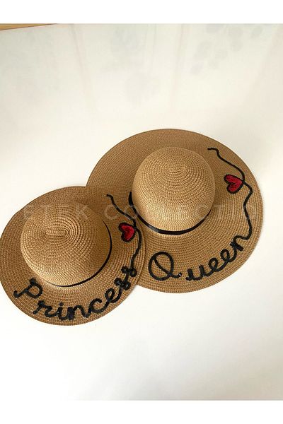Petek Collection Queen-Princess Written Mother-Daughter Straw Hat Combination