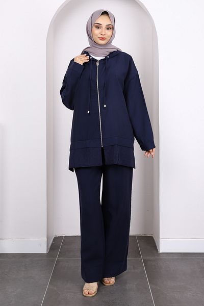 İmajButik Navy Blue Zippered Tunic Pants Suit