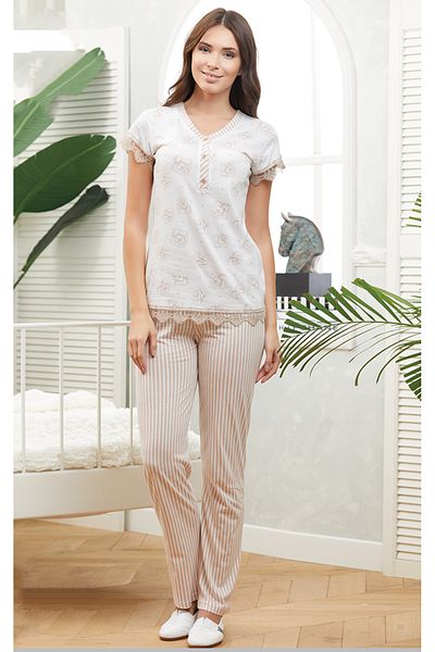 Stylish Elegant cream and brown pajamas decorated with lace