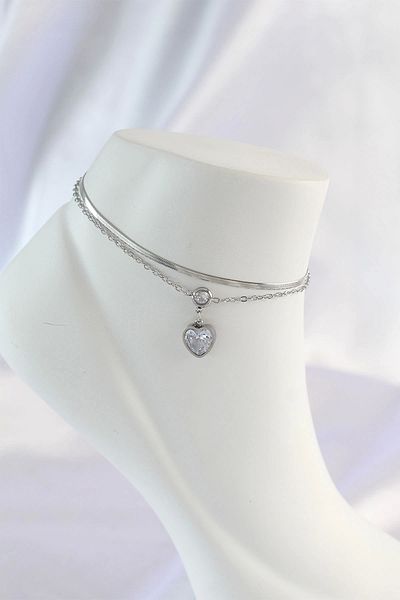 ALFA AKSESUAR 03 316L Steel Gold Color Zircon Stone Heart Design 2-Piece Anklet - Tj-Hh1589