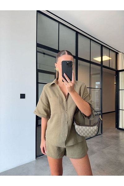 BB Bensu Buyruk Short Sleeve Shirt Shorts Khaki Muslin Set