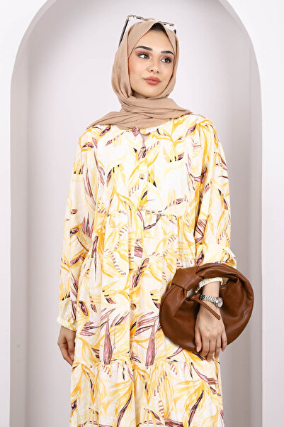 İmajButik Hardal Yarım Düğmeli Eteği Katlı Desenli Elbise