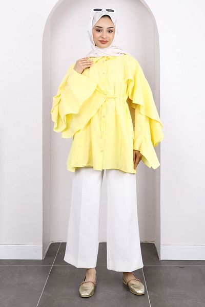 İmajButik Yellow Drawstring Waist Flounce Tunic