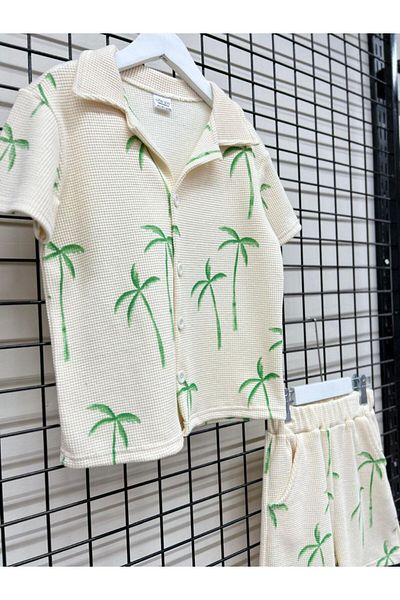 GÖKJOY BUTİK Premium Quality Palm Printed Cotton Fabric Boy's Shorts Suit
