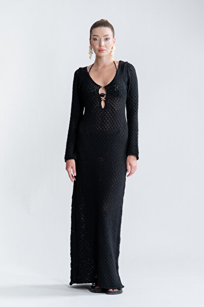 SEPANU COLLECTION Kadın Siyah Uzun Gümüş Aksesuar Detaylı Plaj Elbisesi