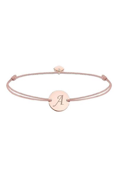 dalimag Adjustable Bracelet with Round Disc and Heart, Rose Gold, with Letter A Engraving, Beige Cord
