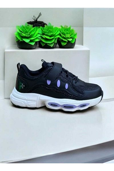 pepino Girl Child Glitter Velcro Rubber Lace-Up Rubber Light Sole Orthopedic Black Sneakers