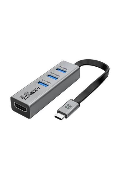 Promate "محول USB-C إلى HDMI بدقة عالية 4K بمعدل 30 هرتز، مزود بـ 3 منافذ USB 3.0،