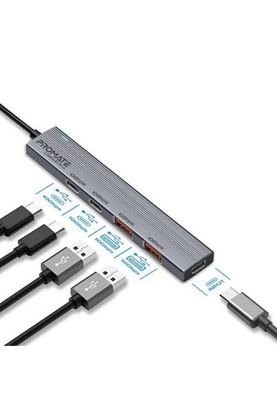 Promate موزع البيانات Litehub-pro متعدد الاستخدامات 4 في 1، بمنافذ Usb-a وusb-c