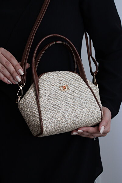 mossi Hasır Görünümlü Taba Suni Deri Kadın El Ve Omuz Çantası