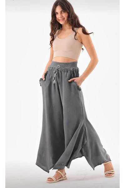 pier moda Woven Linen Baggy Trousers -Bohemian -Casual Trousers Baggy 100% Cotton Khaki Gray Elastic Waist