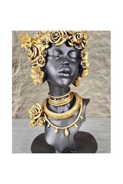 BLA BLA FOAM Statueta decorativa, bust feminin, stil artistic, negru mat cu accente aurii, 26 cm