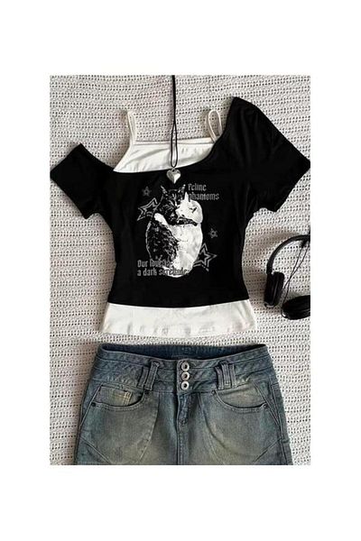 Wisevelya Black Balance Cat Our Love Is Ek Strap Short Sleeve Full Body Crop