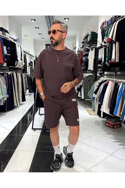 higo Waffle Fabric Oversize Men's T-Shirt & Shorts Set of Two