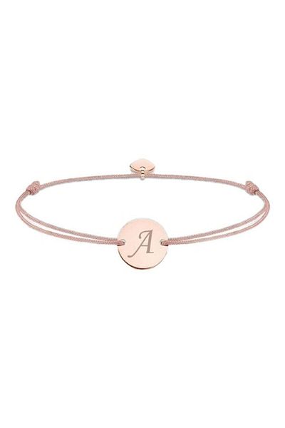 dalimag Adjustable Bracelet with Round Disc and Heart, Rose Gold, with Letter A Engraving, Beige Cord