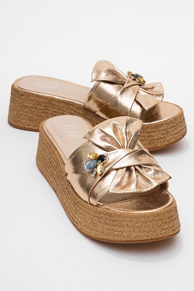 LuviShoes Shara Gold Bow Bee Buckle Wedge Sole Women's Slippers