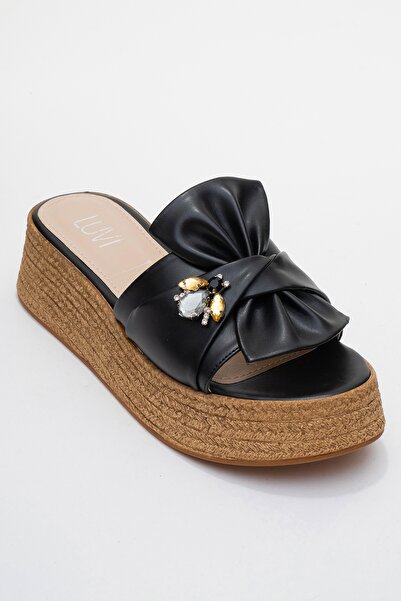 LuviShoes Shara Black Bow Bee Buckle Wedge Sole Women's Slippers