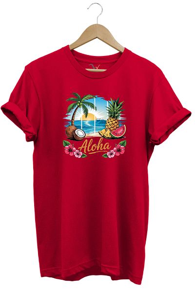 WİDİ Summer Vibes Aloha Written Coconut Summer Beach Printed 100% Cotton Unisex Regular Fit T-Shirt