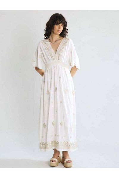 Robin 38317 Embroidered Dresslong Dress Ecru