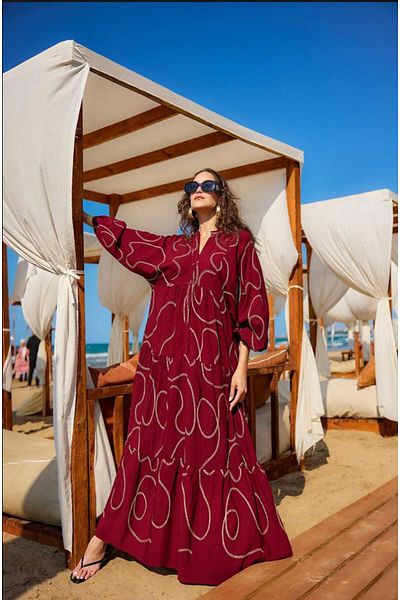 QUAWEAR V-Neck Embroidered Linen Viscose Fabric Full Length Dress