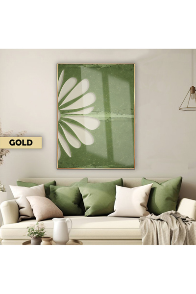 Harikabirev HARİKABİREV | MODEL DE FLORI VERDE-GRISI JUMĂTĂ 02 | TABLA DE STICLA TEMPLATA CU CADRU, SIMPLE, VERTICALA