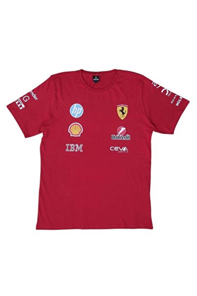 More Erkek Yuvarlak Yakalı Ferrari Yazılı Baskılı Kısa Kollu Kırmızı Tişört ETY-FRHP