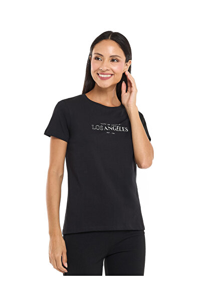 R&B تي شيرت نسائي أسود برسومات أساسية مقاس 8-18