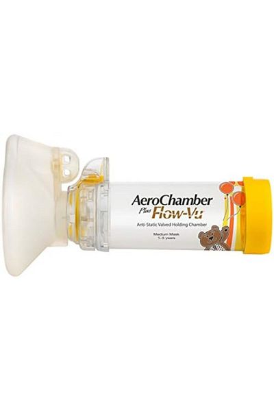 Aerochamber جهاز استنشاق Plus Flow-Vu الأصفر (قناع متوسط للأطفال من عمر سنة إلى خمس سنوات)