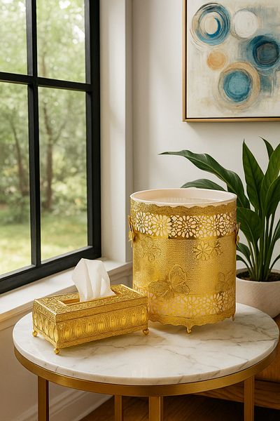 Living Gold Round Trash Bin with Decorative Pattern & Gold Stainless Steel Tissue Box