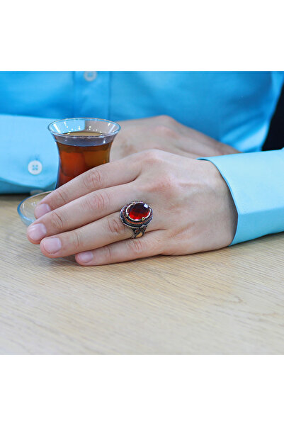 Tesbihane Faset Kırmızı Zirkon Taşlı Kral Tacı Tasarım Kişiye Özel İsim Harf Yazılı 925 Ayar Gümüş Erkek Yüzük