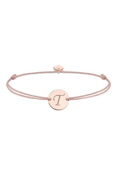 dalimag Brățară reglabilă cu pandantiv rotund și inimă, auriu roz, șnur bej, personalizată cu litera T
