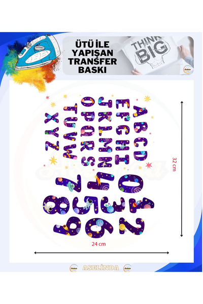 ASELİNDA Uzay desenli Harf ve Rakamlar Dtf Transfer Tekstil Baskı Hazır Baskı...