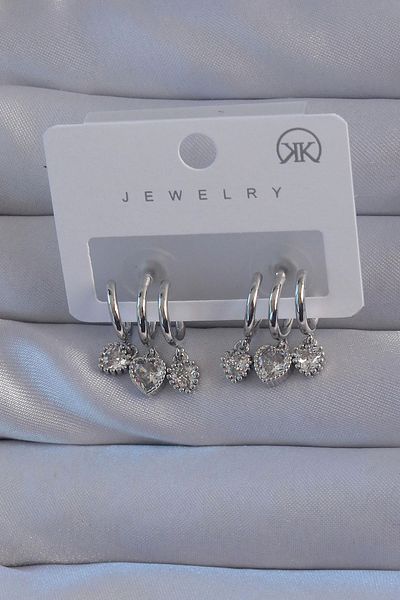 ALFA AKSESUAR 03 Brass Silver Color Zircon Stone Heart Model Multiple Appearance Half Hoop Earrings - Tj-Bkp9143