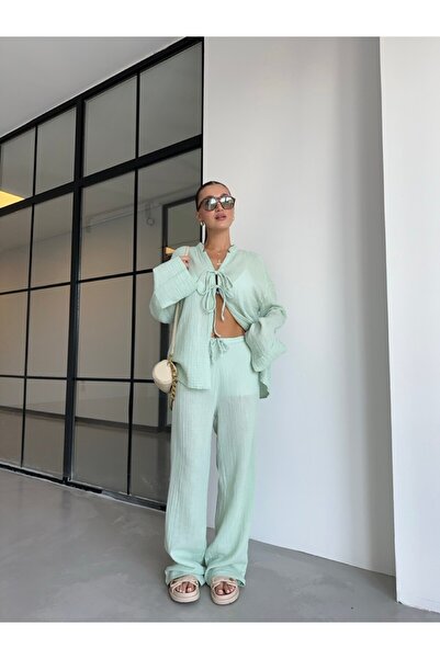 BB Bensu Buyruk SET BLUZĂ 100% BUMBAC PANTALON MENTĂ MUSLINĂ VERDE