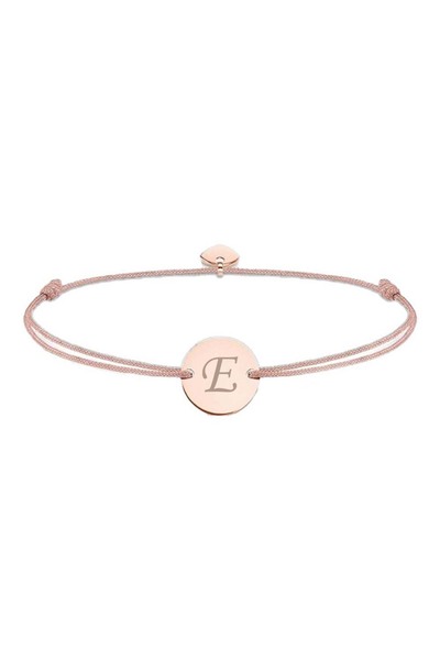 dalimag Adjustable bracelet with round charm and heart, rose gold, engraved letter E, beige cord,