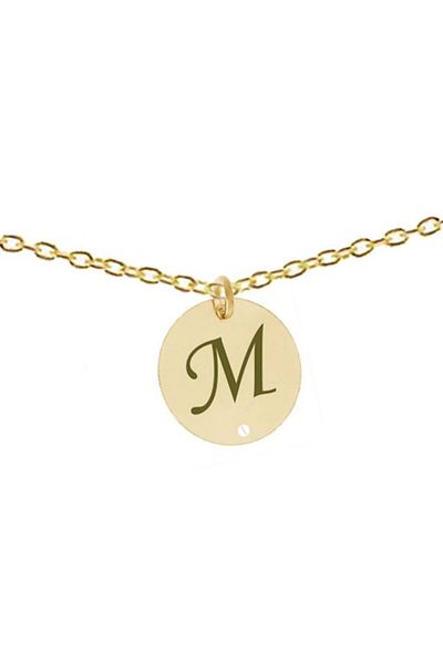 dalimag Colier din argint 925 placat cu aur de 24K, 50 cm, cu pandantiv rotund gravat cu litera M