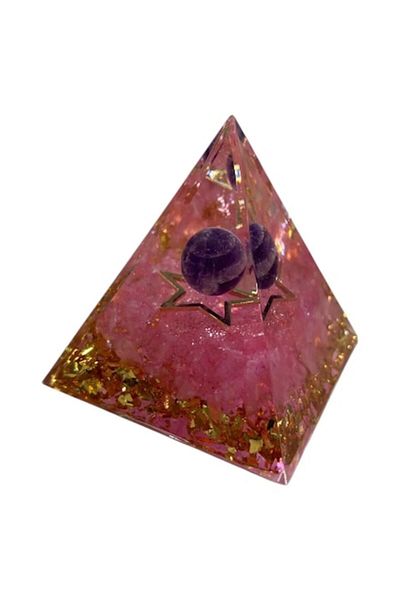 BLA BLA FOAM Orgonite Pyramid with Rose Quartz, Rhodonite, Violet Amethyst Sphere, and Golden Star – Love, Emot