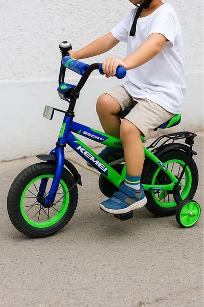MASA 12-Inch Kids Bicycle with Training Wheels and Basket – Green & Blue