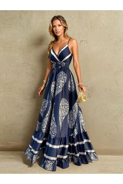 Robin 38602 Rochie lungă din satin Albastru bleumarin